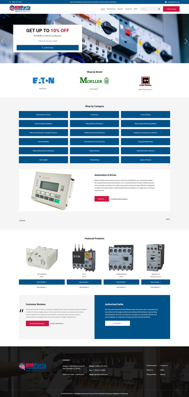 Full page screenshot of KM Parts industrial automation ecommerce website