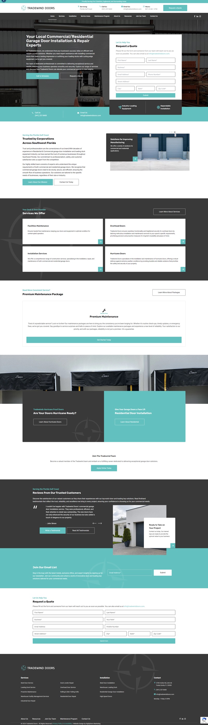 Full page screenshot of Tradewind Doors installation services website